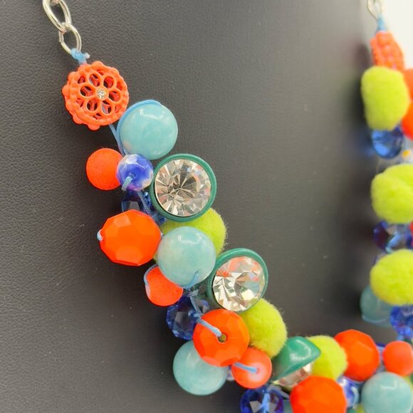 Bright Colorful Beaded Pom Pom Cha Cha Necklace Orange Green Blue Rhinestones - Picture 7 of 13
